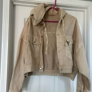 Beige Hooded Cotton-Blend Cropped Jacket - Women's